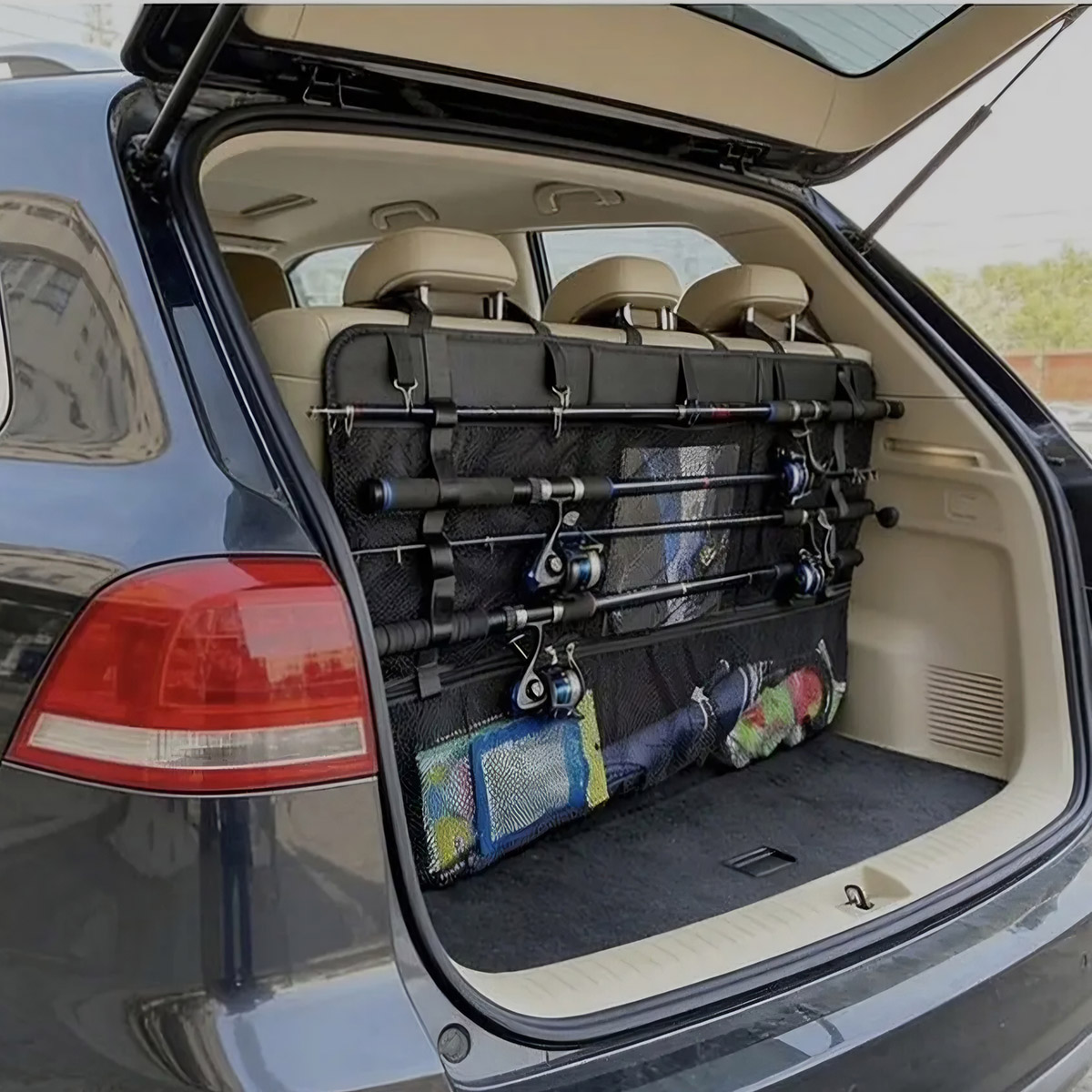 Car Trunk Fishing Rod Organizer Oxford Cloth Hanging Mesh Storage Bag